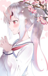 Rule 34 | 1girl, absurdres, alternate costume, auui, blush, branch, cherry blossoms, closed mouth, flower, from side, gradient hair, highres, hololive, horns, long hair, multicolored hair, nakiri ayame, nakiri ayame (streetwear), neckerchief, own hands clasped, own hands together, petals, ponytail, red eyes, red hair, red neckerchief, sailor collar, school uniform, serafuku, shirt, silver hair, simple background, skin-covered horns, smile, solo, streaked hair, two-tone hair, upper body, virtual youtuber, white background, white shirt