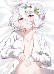 Rule 34 | 1girl, absurdres, antenna hair, bed sheet, blush, breasts, collarbone, elf, flower, hair between eyes, hair flower, hair ornament, half-closed eyes, highres, kokkoro (princess connect!), long sleeves, looking at viewer, lying, mushi hara, naked shirt, open clothes, open shirt, pink eyes, pointy ears, princess connect!, shirt, short hair, silver hair, small breasts, solo, sweat