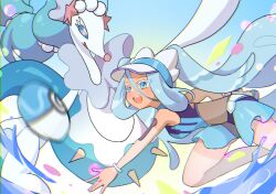 Rule 34 | 1girl, blue eyes, blue hair, colored eyelashes, creatures (company), dive ball, game freak, gen 7 pokemon, hatsune miku, long hair, mizuiro123, nintendo, open mouth, poke ball, pokemon, pokemon (creature), primarina, project voltage, starfish hair ornament, swimsuit, tan, tanline, twintails, very long hair, visor cap, vocaloid, water miku (project voltage)