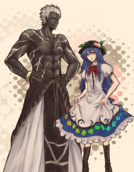 Rule 34 | 1boy, 1girl, abs, black footwear, black headwear, black sclera, blue hair, blue skirt, bow, bowtie, center frills, colored sclera, crossover, dark-skinned male, dark skin, dress, food, frilled skirt, frills, fruit, hands on own hips, hat, height difference, hinanawi tenshi, leaf, long hair, looking at another, m.u.g.e.n, monochrome, mugennagi, mukai (kof), muscular, muscular male, parted lips, peach, power connection, puffy short sleeves, puffy sleeves, rainbow gradient, red bow, red bowtie, red eyes, short hair, short sleeves, skirt, standing, the king of fighters, touhou, very dark skin, white background, white hair, white skirt