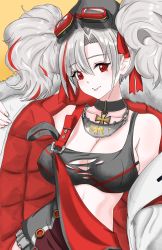 Rule 34 | 1girl, azur lane, black choker, black headwear, black legwear, breasts, choker, cleavage, cmos, coat, cross, eyewear on headwear, fur-trimmed coat, fur trim, goggles, hair ribbon, highres, iron cross, large breasts, long hair, looking at viewer, multicolored hair, open clothes, open coat, padded coat, prinz adalbert (azur lane), red eyes, red hair, red ribbon, ribbon, silver hair, simple background, solo, twintails, two-tone hair, upper body, white coat, yellow background