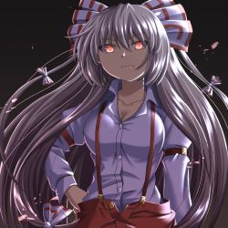 Rule 34 | 1girl, arm garter, beni (bluebluesky), bow, breasts, closed mouth, collared shirt, commentary, frown, fujiwara no mokou, glowing, glowing eyes, hair bow, hand on own hip, highres, large breasts, long hair, long sleeves, looking at viewer, open fly, pants, red eyes, red pants, shirt, silver hair, solo, standing, suspenders, touhou, very long hair, white bow, white shirt