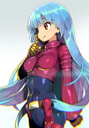 Rule 34 | 1girl, :p, belt, blue hair, blush, breasts, chaps, chromatic aberration, cropped jacket, finger to face, from side, gloves, index finger raised, kula diamond, long hair, looking to the side, medium breasts, onono imoko, red eyes, solo, the king of fighters, tongue, tongue out, upper body