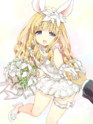 Rule 34 | 1boy, 1girl, animal ears, arm strap, bad id, bad pixiv id, blonde hair, blue eyes, bluehole studio, blush, bouquet, dress, elin, emily (pure dream), flower, gloves, hair flower, hair ornament, high heels, jewelry, bridal garter, lipstick, long hair, looking at viewer, makeup, necklace, rabbit ears, smile, solo focus, tera online, thigh strap, wedding dress, white gloves