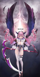 Rule 34 | 1girl, absurdres, ahoge, aqua eyes, asymmetrical legwear, breasts, cleavage, closed mouth, detached sleeves, feathered wings, feathers, halo, head wings, highleg, highleg leotard, highres, hitowa, holding, holding scythe, leotard, long hair, looking at viewer, low twintails, medium breasts, mismatched legwear, original, pelvic curtain, pink hair, pointy ears, scythe, see-through, solo, standing, thighhighs, tiptoes, toeless legwear, twintails, white thighhighs, wings