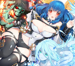 Rule 34 | 1other, 2girls, akizone, bare shoulders, black legwear, black panties, black ribbon, blue hair, blush, breasts, buckle, cloak, collarbone, colored skin, commentary request, detached collar, dizzy (guilty gear), fire, gasp, grey eyes, guilty gear, guilty gear xrd, highres, hood, hood up, large breasts, leather, leather pants, long hair, long sleeves, looking at viewer, lying, monster girl, multiple girls, navel, necro (guilty gear), on back, panties, pants, red eyes, ribbon, simple background, skindentation, skull, smile, stomach, teeth, thighhighs, thighs, twintails, underwear, undine (guilty gear), very long hair, water, white background, white hair, white skin, yellow ribbon