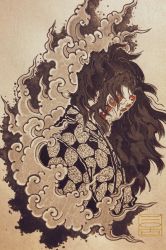Rule 34 | 1boy, black hair, colored sclera, extra eyes, from side, highres, japanese clothes, kimetsu no yaiba, kimono, kokushibou, long hair, looking at viewer, print kimono, red sclera, smoke, solo, text in eyes, traditional media, upper body, yzzzcm