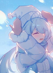 Rule 34 | 1girl, absurdres, ahoge, blue coat, blue hair, blue scarf, blue sky, blush, closed eyes, coat, griseo, griseo (starry impression), hat, highres, holding, holding clothes, holding hat, honkai (series), honkai impact 3rd, long hair, open mouth, scarf, silence (pixiv18541142), sky, snowball, snowball fight, solo, white hat, winter, winter clothes, winter gloves