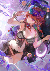 1girl akizero1510 arm_up armpit_crease ball bare_legs bare_shoulders black_panties blush bouquet breasts cleavage clothing_request collarbone commentary english_commentary flower groin hair_flower hair_ornament highres holding holding_ball hololive hololive_english large_breasts legs long_hair looking_at_viewer lying marble_(toy) navel on_side orange_hair paid_reward_available panties parted_lips purple_eyes solo stomach takanashi_kiara underwear