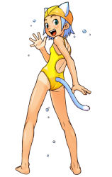 Rule 34 | 1girl, animal ears, aqua eyes, ass, barefoot, blue hair, cat ears, cat tail, clothing cutout, competition swimsuit, from behind, full body, kneepits, legs apart, looking back, one-piece swimsuit, one-piece tan, short hair, simple background, solo, standing, swim cap, swimsuit, tail, tail through clothes, tan, tanline, teeth, upper teeth only, wang-pac, waving, white background, yellow one-piece swimsuit