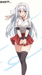 Rule 34 | 1girl, bad id, bad twitter id, black thighhighs, blush, breasts, brown eyes, headband, japanese clothes, kantai collection, medium breasts, meguru (megurunn), miniskirt, open mouth, red skirt, short sleeves, shoukaku (kancolle), shoukaku kai ni (kancolle), simple background, skirt, solo, thighhighs, twitter username, white background, white hair