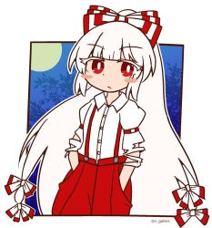 Rule 34 | 1girl, blunt bangs, blush stickers, bow, bright pupils, closed mouth, collared shirt, commentary request, fujiwara no mokou, full moon, galvez, hair bow, hands in pockets, long hair, looking at viewer, moon, night, pants, red eyes, red pants, shirt, suspenders, torn clothes, torn shirt, touhou, twitter username, very long hair, white hair, white pupils, white shirt