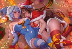 Rule 34 | 2girls, amber (genshin impact), ass, blue gloves, blue hair, blue hairband, blue legwear, blue panties, box, breasts, brown hair, capelet, christmas, dress, elbow gloves, eula (genshin impact), exlic, fur-trimmed capelet, fur-trimmed dress, fur-trimmed gloves, fur-trimmed skirt, fur trim, genshin impact, gift, gift box, gloves, hairband, hat, large breasts, long hair, looking at viewer, lying, multiple girls, on back, on side, open mouth, panties, red capelet, red gloves, red legwear, red panties, red skirt, ribbon, santa hat, skirt, strapless, strapless dress, string lights, striped legwear, thighhighs, underwear, white legwear, yellow ribbon
