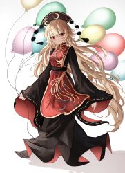 Rule 34 | 1girl, absurdres, balloon, black dress, black headwear, blonde hair, blush, chinese clothes, closed mouth, dress, hair between eyes, highres, holding, holding balloon, junko (touhou), long hair, ougiikun, phoenix crown, red eyes, simple background, sleeves past wrists, smile, solo, tabard, touhou, white background, wide sleeves