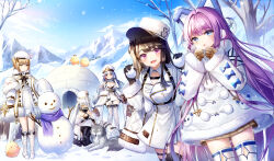 Rule 34 | 5girls, absurdres, azur lane, black footwear, black gloves, blue eyes, blue sky, boots, breasts, buttons, cleavage, closed eyes, coat, coat dress, criss-cross halter, cross-laced footwear, day, double-breasted, dress, duffel coat, earmuffs, fur-trimmed coat, fur-trimmed dress, fur hat, fur trim, gloves, gold trim, gremyashchy (azur lane), hair horns, hair over one eye, halterneck, hat, highres, kiev (azur lane), knee boots, kyo (maae00), long hair, looking at viewer, manjuu (azur lane), medium breasts, military hat, mountainous horizon, multicolored hair, multiple girls, one eye covered, open mouth, orange eyes, outdoors, padded coat, pamiat merkuria (azur lane), papakha, peaked cap, purple eyes, purple hair, purple scarf, red hair, russian clothes, scarf, short dress, sky, sleeves past fingers, sleeves past wrists, snow, snowball, snowman, streaked hair, sweater, sweater dress, tallinn (azur lane), tashkent (azur lane), thigh boots, two-tone hair, very long hair, very long sleeves, white coat, white dress, white footwear, white hair, white headwear, winter, winter clothes, wolf, yellow eyes