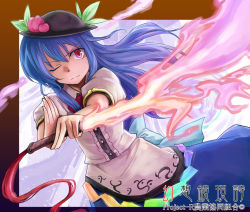 1girl blue_hair bow dress female_focus food fruit hat hinanawi_tenshi kiyu_(queue) leaf long_hair peach red_eyes solo sword_of_hisou touhou wink