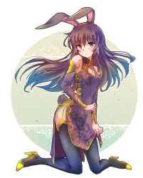 Rule 34 | 1girl, animal ears, blush, breasts, brown dress, brown eyes, brown hair, bunny girl, china dress, chinese clothes, cleavage cutout, clothes lift, clothing cutout, commentary, detached sleeves, dress, dress lift, extra ears, facing viewer, faunus (rwby), floating hair, full body, half-closed eyes, high heels, highres, holding, holding clothes, holding dress, iesupa, kneeling, long hair, looking at viewer, matching hair/eyes, medium breasts, parted lips, pelvic curtain, pointy ears, rabbit ears, rabbit tail, rwby, shoes, side slit, sitting, tail, thighhighs, velvet scarlatina