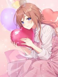 1girl balloon blue_eyes blush brown_hair closed_mouth commentary_request courreges_ace dress fingernails gakuen_idolmaster hair_bun heart_balloon highres himesaki_rinami holding holding_balloon idolmaster long_hair long_sleeves looking_at_viewer pinafore_dress pink_dress plaid_clothes plaid_dress shirt single_hair_bun single_side_bun sleeveless sleeveless_dress smile solo white_shirt