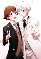 Rule 34 | 10s, 2boys, :d, black jacket, blue eyes, blush, brown hair, closed mouth, confetti, couple, formal, hand up, happy, husband and husband, jacket, jewelry, kakumeiki valvrave, l-elf, looking at viewer, male focus, multiple boys, necktie, open mouth, purple eyes, ring, round teeth, sana423, short hair, side-by-side, silver hair, smile, suit, tears, teeth, tokishima haruto, upper teeth only, v, wedding band, wedding ring, white jacket, yaoi