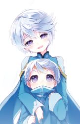 Rule 34 | 10s, 2boys, aged down, bishounen, blush, circlet, dual persona, male focus, mikleo (tales), multiple boys, name (oiuio), open mouth, purple eyes, short hair, silver hair, sleeves past wrists, smile, tales of (series), tales of zestiria, time paradox