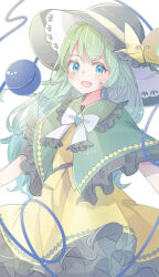 Rule 34 | 1girl, :d, adapted costume, black hat, blush, bow, bowtie, capelet, commentary, cowboy shot, frilled capelet, frilled skirt, frills, green capelet, green eyes, grey hair, hat, hat bow, highres, komeiji koishi, long hair, long sleeves, looking at viewer, open mouth, re re merry, shirt, skirt, skirt set, smile, solo, third eye, touhou, white bow, white bowtie, yellow bow, yellow shirt, yellow skirt