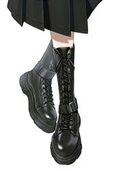 Rule 34 | 1girl, black footwear, black skirt, boots, cross-laced footwear, footwear focus, highres, lace-up boots, ori x 000, original, pleated skirt, simple background, skirt, solo, standing, white background