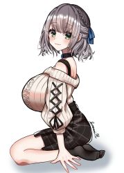 Rule 34 | 1girl, :3, artist name, black choker, black ribbon, black skirt, black socks, blue ribbon, blush, braid, breasts, choker, closed mouth, cross-laced clothes, cross-laced sleeves, eyes visible through hair, facing away, full body, green eyes, grey hair, hair ribbon, highres, hololive, huge breasts, looking at viewer, miniskirt, off-shoulder sweater, off shoulder, plaid, plaid skirt, ribbed sweater, ribbon, shirogane noel, shirogane noel (casual), shirt, short hair, signature, simple background, siranami eight, sitting, skirt, sleeves past elbows, smile, socks, solo, striped ribbon, sweater, virtual youtuber, wariza, white background, white sweater
