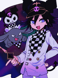 Rule 34 | 1boy, absurdres, black hair, checkered clothes, checkered scarf, crossover, danganronpa (series), danganronpa v3: killing harmony, demon tail, hair between eyes, hand on own hip, hat, highres, kuromi, looking to the side, male focus, multicolored hair, oma kokichi, onegai my melody, open mouth, purple eyes, purple hair, ringed eyes, sanrio, scarf, short hair, solo focus, standing, straitjacket, tail, two-tone hair, upper body, ynyntai