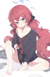 Rule 34 | 1girl, absurdres, barefoot, black shirt, blue archive, blush, collarbone, full body, grey eyes, halo, highres, iroha (blue archive), knee up, long hair, long sleeves, looking down, low twintails, meunhongcha, nail clippers, necktie, off shoulder, open mouth, panties, red hair, red necktie, shirt, single bare shoulder, sitting, solo, sweatdrop, twintails, underwear, white panties
