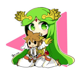 Rule 34 | 1girl, ancient greek clothes, bare shoulders, character doll, chibi, chiton, doll, dot nose, dress, forehead jewel, green eyes, green hair, hair ornament, highres, holding, holding doll, jewelry, kid icarus, kid icarus uprising, long hair, looking at viewer, nintendo, palutena, pit (kid icarus), seiza, simple background, sitting, twitter username, very long hair, white dress, yu makoto (yu uma)