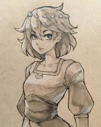 Rule 34 | 1girl, ajna (indivisible), eu03, eyebrows, gradient background, hair ornament, indivisible, monochrome, outline, puffy short sleeves, puffy sleeves, sash, sepia, short hair, short sleeves, sketch, solo, spiked hair