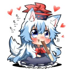 Rule 34 | 1girl, :3, animal ears, bad id, bad pixiv id, blue dress, blue eyes, blue hair, blush, chibi, dog ears, dog tail, dress, eating, expressive clothes, female focus, food, food on face, hat, heart, kamishirasawa keine, kemonomimi mode, long hair, lowres, matching hair/eyes, mini person, minigirl, neckerchief, pocky, rebecca (keinelove), sitting, solo, tail, tail wagging, touhou, very long hair