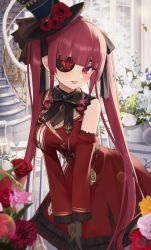 Rule 34 | 1girl, :p, arrow through heart, black bow, black bowtie, black gloves, black ribbon, blunt bangs, bow, bowtie, breasts, cleavage, dress, eyepatch, flower, gloves, hair ribbon, hat, highres, hololive, houshou marine, indoors, long hair, long sleeves, medium breasts, own hands together, pink flower, red dress, red eyes, red flower, red hair, ribbon, see-through, see-through cleavage, solo, stairs, thomas 8000, tilted headwear, tongue, tongue out, top hat, v arms, very long hair, virtual youtuber, yellow flower