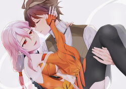 Rule 34 | 1boy, 1girl, bare shoulders, black thighhighs, breasts, brown hair, carrying, carrying person, center opening, cleavage, closed eyes, detached sleeves, elbow gloves, fingerless gloves, gloves, guilty crown, hair ornament, hairclip, hands on another&#039;s cheeks, hands on another&#039;s face, long hair, looking at another, navel, open mouth, ouma shuu, pink hair, princess carry, red eyes, sarina (tosiyukiryousuke), short hair, smile, thighhighs, twintails, yuzuriha inori