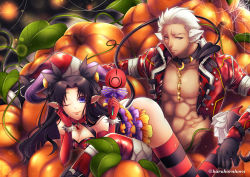 Rule 34 | 1boy, 1girl, alternate costume, anatomical nonsense, animal ears, archer (fate), ass, bad anatomy, bad id, bad pixiv id, bad proportions, bare shoulders, black gloves, black hair, blue eyes, bracelet, candy, chain, choker, coat, collar, command spell, dark-skinned male, dark skin, dog ears, dress, earrings, elf, facing viewer, fate/stay night, fate (series), food, gem, gloves, grey eyes, hair ornament, hair ribbon, halloween, halloween costume, haru (inamura4), high heels, highres, hoop earrings, jewelry, lollipop, long hair, looking at viewer, manly, one eye closed, pectorals, pendant, pointy ears, pumpkin, red gloves, ribbon, shirt, shoes, short hair, silk, smile, spider web, spiked bracelet, spikes, striped clothes, striped dress, striped thighhighs, tail, thighhighs, tohsaka rin, torn clothes, torn shirt, twintails, twitter username, two side up, white hair, zettai ryouiki