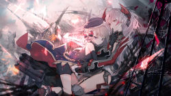 Rule 34 | 2girls, antenna hair, azur lane, bare shoulders, beret, blonde hair, blue eyes, boots, bow, breasts, cannon, cierra (ra-bit), covered mouth, cross, finger to mouth, garter straps, gloves, hair between eyes, hair ornament, hat, headgear, hug, iron cross, large breasts, light particles, long hair, looking at viewer, machinery, medium breasts, multicolored hair, multiple girls, official art, outdoors, prinz eugen (azur lane), red hair, ribbon, rigging, short hair, shorts, sidelocks, silver hair, sitting, smile, streaked hair, thighs, torpedo launcher, turret, two side up, very long hair, wide sleeves, z23 (azur lane)