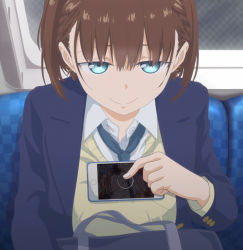 Rule 34 | 1girl, absurdres, ai-chan (tawawa), bag, blue eyes, blue necktie, blue sweater, braid, breasts, brown hair, cellphone, earrings, getsuyoubi no tawawa, highres, jewelry, large breasts, long sleeves, looking at viewer, necktie, object on breast, phone, school uniform, screencap, shirt, short hair, side braid, smartphone, smile, solo, stitched, sweater, tawawa challenge, third-party edit, white shirt, yellow sweater