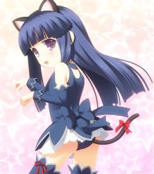 Rule 34 | 1girl, :d, angel mort, animal ears, bare shoulders, blue hair, blunt bangs, bow, cat ears, cat tail, detached sleeves, furude rika, gaou (babel), higurashi no naku koro ni, long hair, looking back, open mouth, paw pose, purple eyes, smile, solo, standing, star (symbol), starry background, tail, thighhighs
