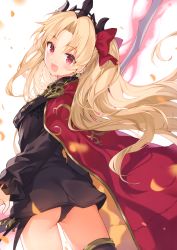 Rule 34 | 1girl, :d, absurdres, ass, belt, black dress, black panties, black thighhighs, blonde hair, blush, bow, breasts, cape, cowboy shot, dress, earrings, ereshkigal (fate), fate/grand order, fate (series), floating hair, gold trim, hair bow, hair ornament, hair ribbon, highres, infinity symbol, jewelry, long hair, long sleeves, looking at viewer, looking back, medium breasts, meslamtaea (weapon), mishima kurone, non-web source, open mouth, panties, pantyshot, parted bangs, red bow, red cape, red eyes, ribbon, scan, simple background, single thighhigh, skull, smile, solo, standing, thighhighs, thighs, tiara, two side up, underwear, upskirt, very long hair, wavy hair, white background, wind, wind lift