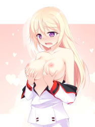 Rule 34 | 10s, 1girl, bad id, bad pixiv id, blonde hair, blush, breast hold, breasts, charlotte dunois, collarbone, heart, highres, infinite stratos, kazakura, large breasts, long hair, nipples, open clothes, open shirt, purple eyes, grabbing own breast, shirt, solo, topless