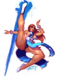 Rule 34 | 1girl, alternate costume, alternate hairstyle, ass, bare legs, bare shoulders, braid, breasts, brown hair, capcom, chun-li, cleavage, curvy, female focus, fighting stance, highres, hip focus, huge ass, kicking, large breasts, long hair, muscular, open mouth, robaato, shoes, solo, street fighter, street fighter v, studded bracelet, thick thighs, thighs, twin braids, wide hips