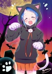 Rule 34 | 1girl, animal ears, animal hands, bare tree, bat (animal), blue hair, breasts, cat ears, cat tail, closed eyes, commentary request, cross, fang, gloves, halloween, halloween costume, hood, hoodie, kantai collection, looking at viewer, moon, night, night sky, notice lines, open mouth, orange skirt, paw gloves, paw print, samidare (kancolle), sidelocks, skin fang, skirt, sky, small breasts, solo, swept bangs, tail, tree, yokoshima (euphoria)