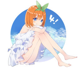 Rule 34 | 1girl, :q, absurdres, ass, bare shoulders, barefoot, blue eyes, blue sky, closed mouth, cloud, commentary request, day, detached sleeves, dress, eyebrows hidden by hair, full body, go-toubun no hanayome, green ribbon, hair between eyes, hair ribbon, hanakanzarashi, highres, knees up, long sleeves, looking at viewer, nakano yotsuba, orange hair, ribbon, see-through, sitting, sky, sleeveless, sleeveless dress, sleeves past wrists, smile, solo, tongue, tongue out, twitter username, white dress, white sleeves
