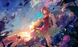 Rule 34 | 1girl, baisi shaonian, bandaged arm, bun cover, cloud, double bun, flower, hair bun, highres, hydrangea, ibaraki kasen, looking at viewer, mouth hold, puffy short sleeves, puffy sleeves, red eyes, red hair, ribbon in mouth, shirt, short sleeves, skirt, sky, solo, sunset, tabard, touhou