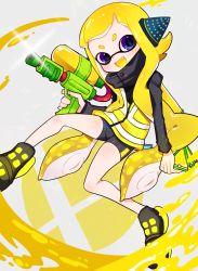 Rule 34 | 1girl, :d, bike shorts, black footwear, blonde hair, blush, colored tongue, fang, glint, headgear, holding, inkling, inkling girl, inkling player character, long hair, long sleeves, mask, nintendo, open mouth, paint, purple eyes, shichi (ponpeex), shoes, single vertical stripe, smile, solo, sparkle, splat bomb (splatoon), splattershot (splatoon), squidbeak splatoon, suction cups, super smash bros., super soaker, tentacle hair, very long hair, vest, yellow tongue, yellow vest
