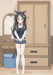 Rule 34 | 1girl, absurdres, aina (mao lian), animal ear fluff, animal ears, black-framed eyewear, black vest, blue eyes, blush, breasts, brown hair, buttons, cabinet, cat ears, cat tail, closed mouth, collared shirt, double-breasted, flower, glasses, hair flower, hair ornament, hairclip, highres, long hair, looking at viewer, mao lian (nekokao), medium breasts, miniskirt, original, pleated skirt, semi-rimless eyewear, shirt, skirt, smile, solo, standing, stool, tail, thigh gap, thighhighs, under-rim eyewear, v arms, vest, wardrobe, white shirt, white thighhighs, wing collar, zettai ryouiki