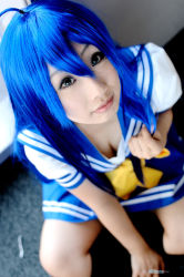 Rule 34 | ahoge, blue hair, cosplay, izumi konata, lucky star, mahiru, photo (medium), sailor, school uniform, serafuku