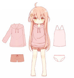 Rule 34 | 1girl, ahoge, ayanepuna, barefoot, blush, brown eyes, brown hair, brown shorts, camisole, closed mouth, collarbone, commentary request, drawstring, full body, hair between eyes, hair ornament, hairclip, hood, hood down, hoodie, ii (ayanepuna), long hair, long sleeves, looking at viewer, original, panties, pink camisole, pink hoodie, short shorts, shorts, simple background, sleeves past wrists, solo, standing, two side up, underwear, very long hair, white background, white panties