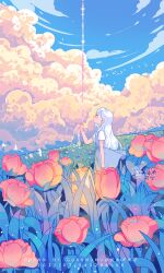Rule 34 | 1girl, artist name, bird, blue dress, blue eyes, blue sky, cable, clothes lift, cloud, collared shirt, dated, day, dress, dress lift, field, flower, flower field, flower request, from side, guanmumu, highres, hill, landscape, long hair, looking up, original, outdoors, pink flower, pink tulip, pulling, shirt, short sleeves, sky, sleeveless, sleeveless dress, solo, star (symbol), straight hair, too many, too many birds, tulip, watermark, white hair, white shirt