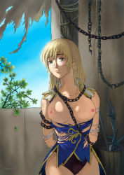 Rule 34 | 1girl, arms behind back, bdsm, blonde hair, blush, bondage, bound, bound arms, breast cutout, breasts, breasts apart, breasts out, cassandra alexandra, chain, chained, chained arms, cleavage, gloves, green eyes, highres, indoors, kagura dfc, large breasts, long hair, looking at viewer, nipples, no bra, panties, parted lips, solo, sophitia alexandra, soul calibur, soulcalibur, soulcalibur iv, standing, torn clothes, torn gloves, underwear